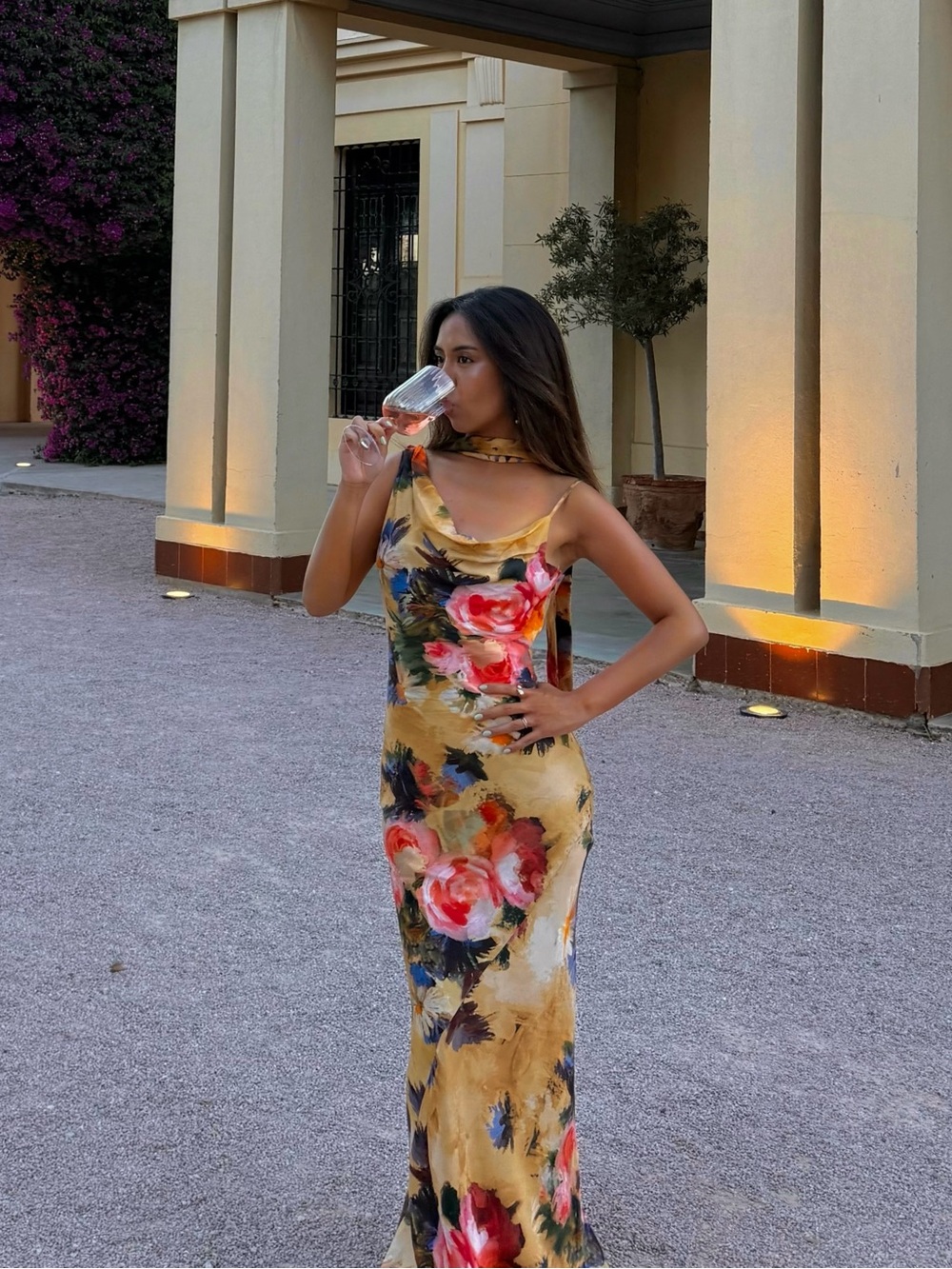 yellow floral maxi dress / gown with scarf